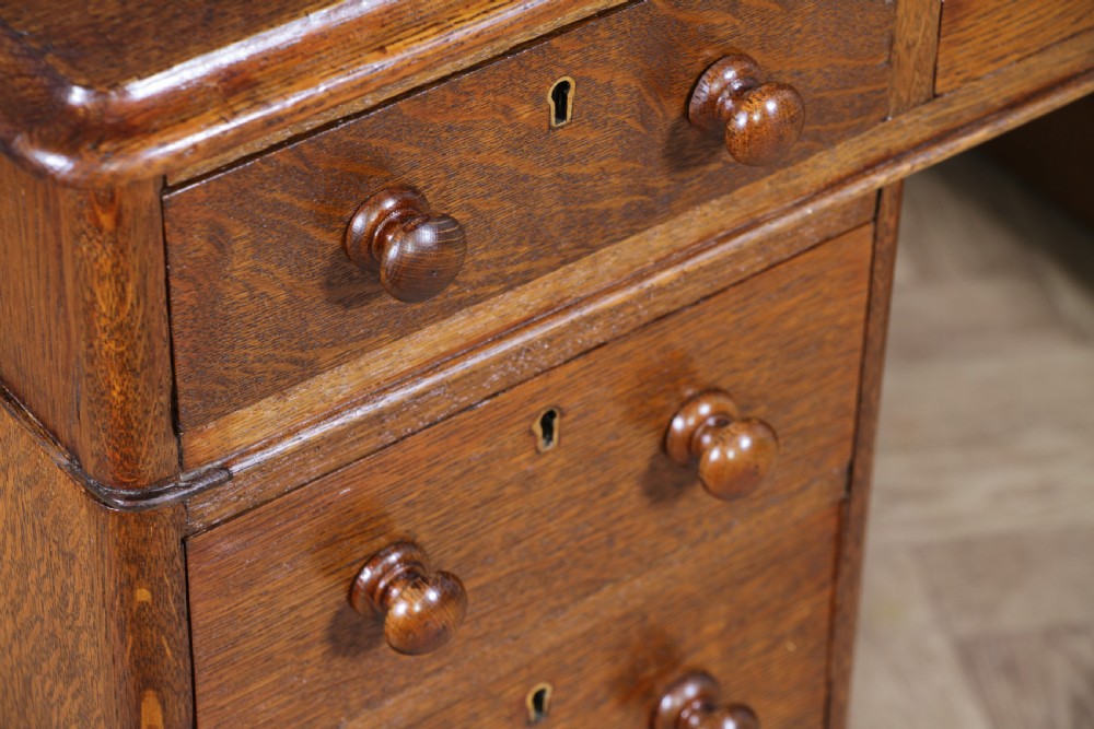 Antique Victorian Medium Oak 9 Drawer Twin Pedestal Leather Top Writing Desk View VI