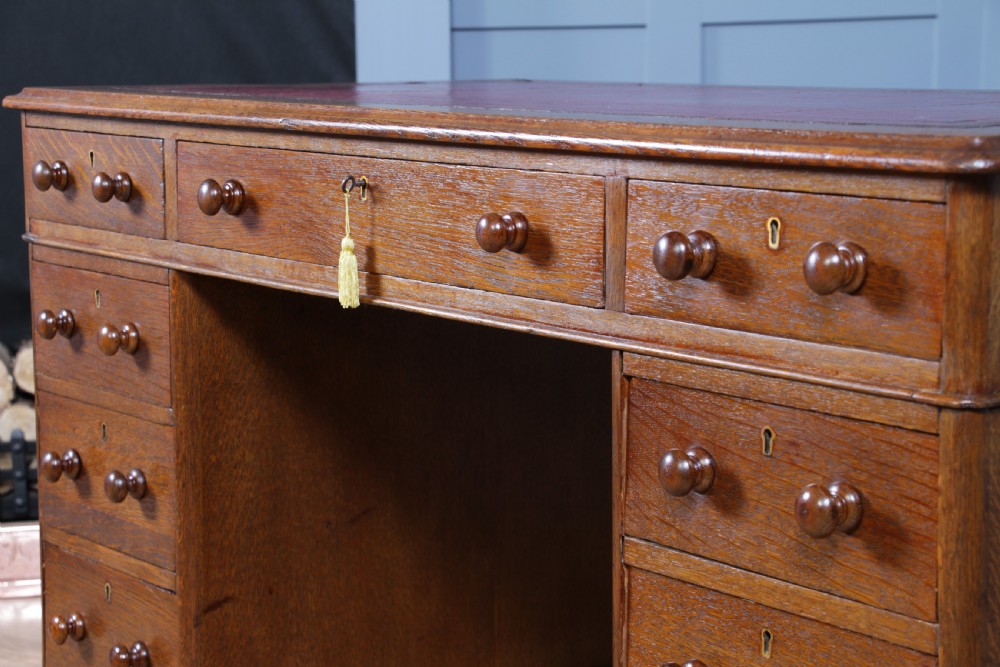 Antique Victorian Medium Oak 9 Drawer Twin Pedestal Leather Top Writing Desk View VII