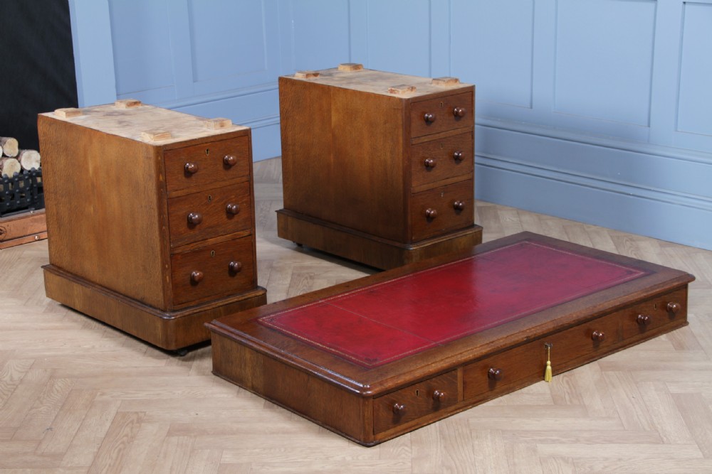 Antique Victorian Medium Oak 9 Drawer Twin Pedestal Leather Top Writing Desk View VIII
