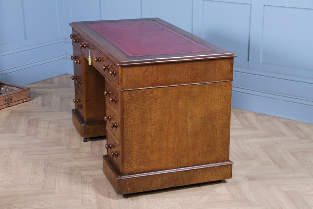 Antique Victorian Medium Oak 9 Drawer Twin Pedestal Leather Top Writing Desk View IX