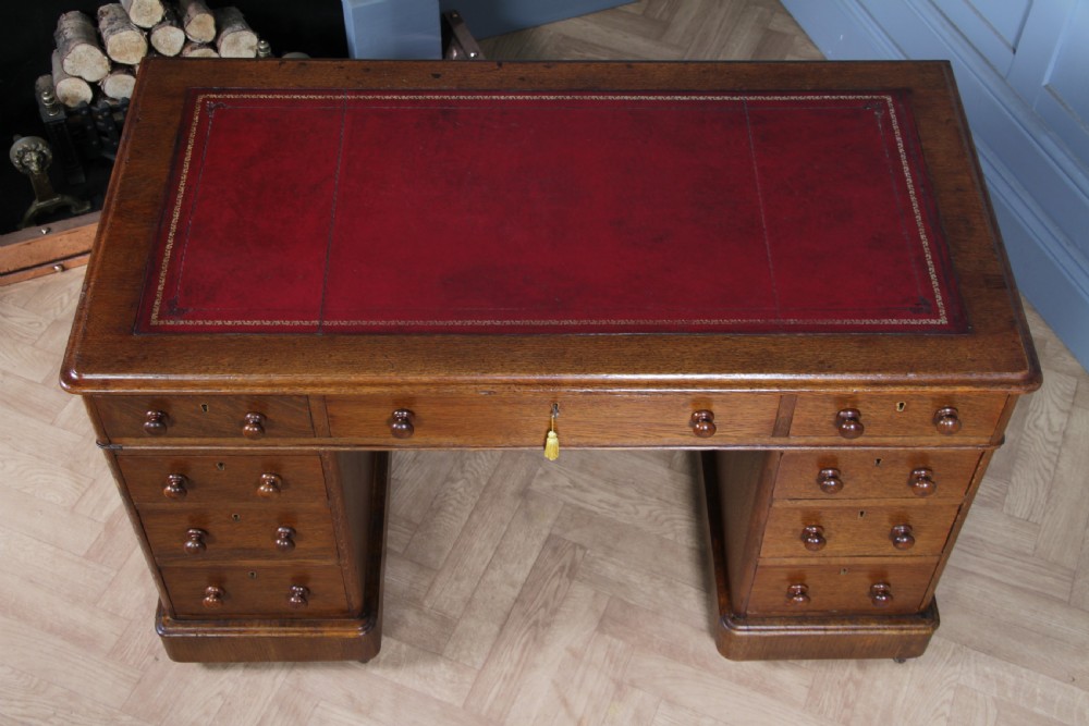 Antique Victorian Medium Oak 9 Drawer Twin Pedestal Leather Top Writing Desk View X