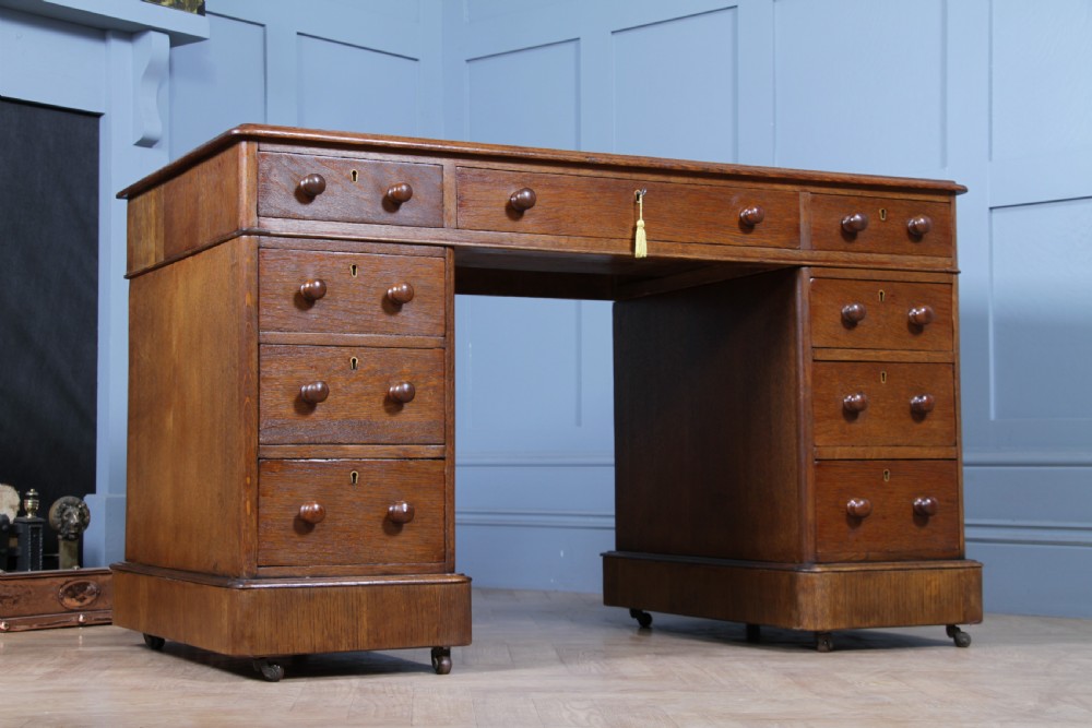 Antique Victorian Medium Oak 9 Drawer Twin Pedestal Leather Top Writing Desk View XI