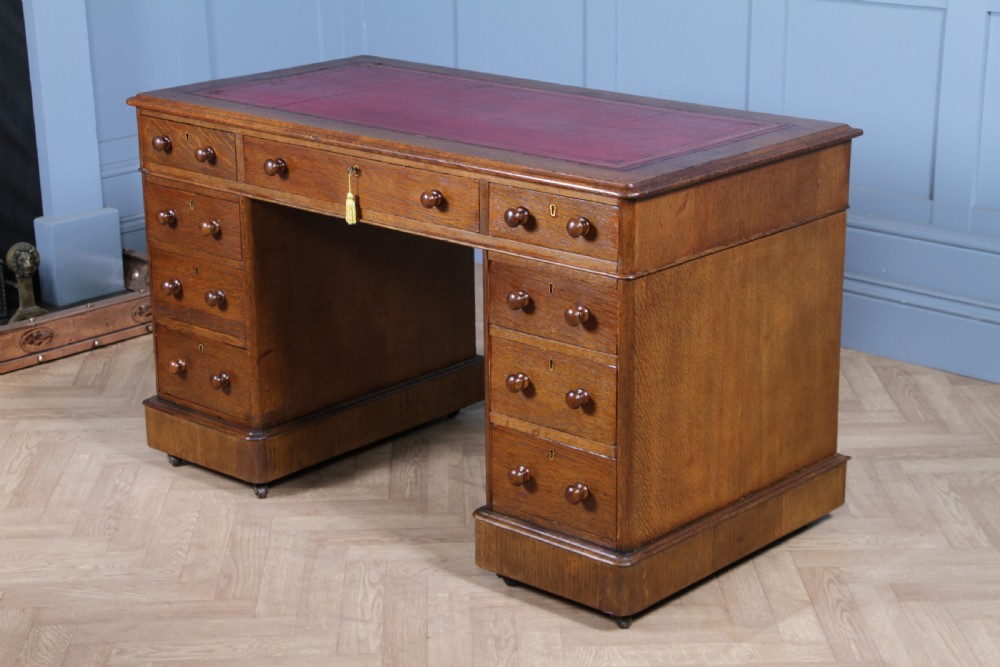 Antique Victorian Medium Oak 9 Drawer Twin Pedestal Leather Top Writing Desk View XII