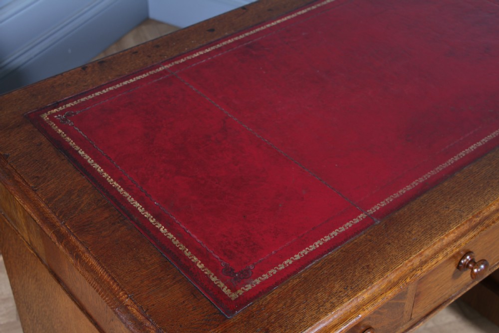 Antique Victorian Medium Oak 9 Drawer Twin Pedestal Leather Top Writing Desk View XIII