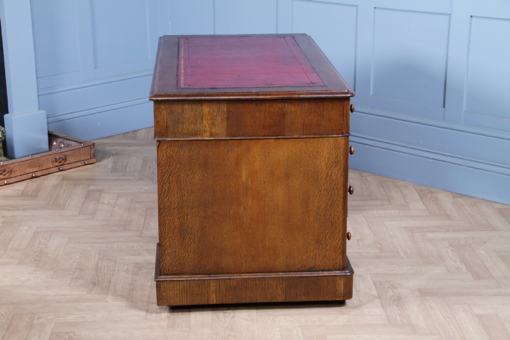 Antique Victorian Medium Oak 9 Drawer Twin Pedestal Leather Top Writing Desk View XIV