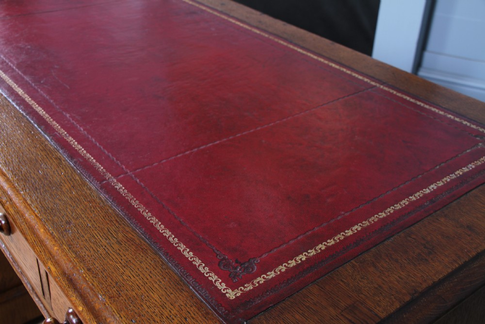 Antique Victorian Medium Oak 9 Drawer Twin Pedestal Leather Top Writing Desk View XVI
