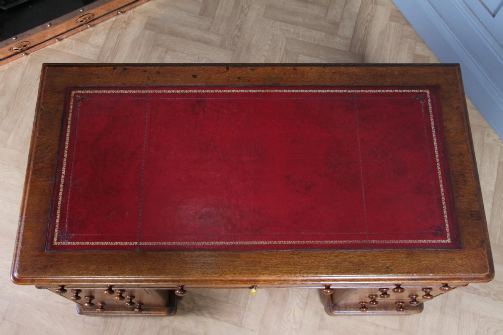 Antique Victorian Medium Oak 9 Drawer Twin Pedestal Leather Top Writing Desk View XVII
