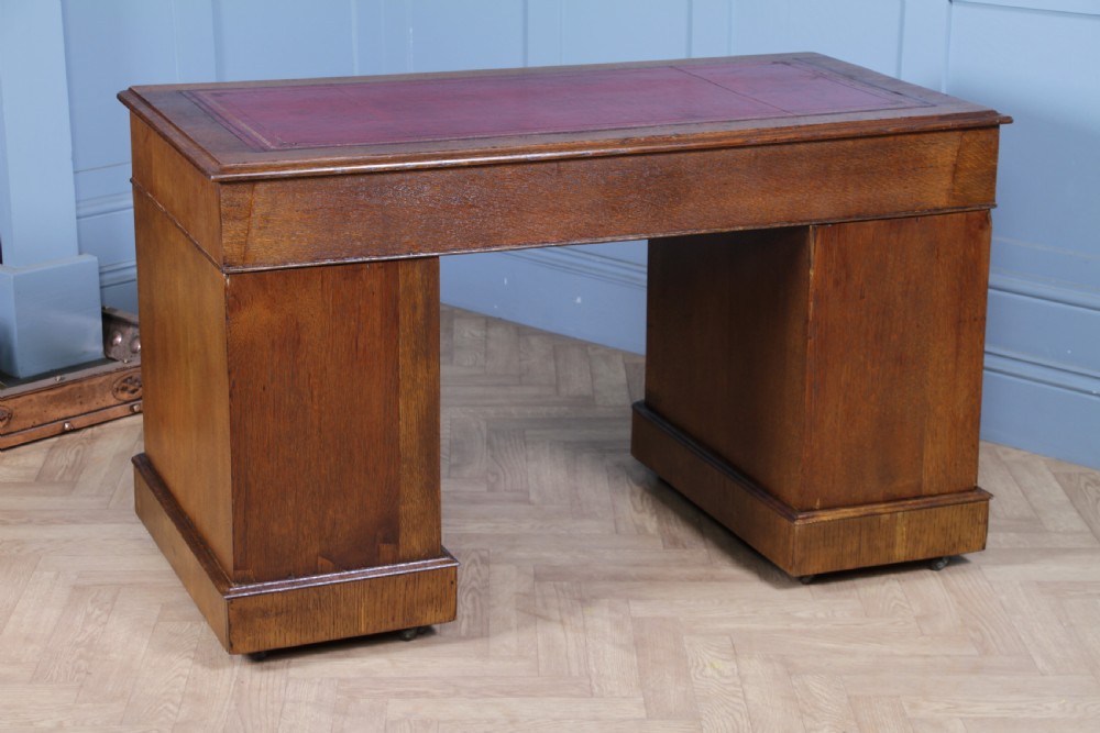 Antique Victorian Medium Oak 9 Drawer Twin Pedestal Leather Top Writing Desk View XVIII