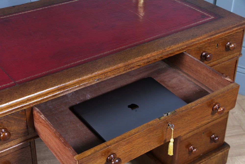 Antique Victorian Medium Oak 9 Drawer Twin Pedestal Leather Top Writing Desk View XIX