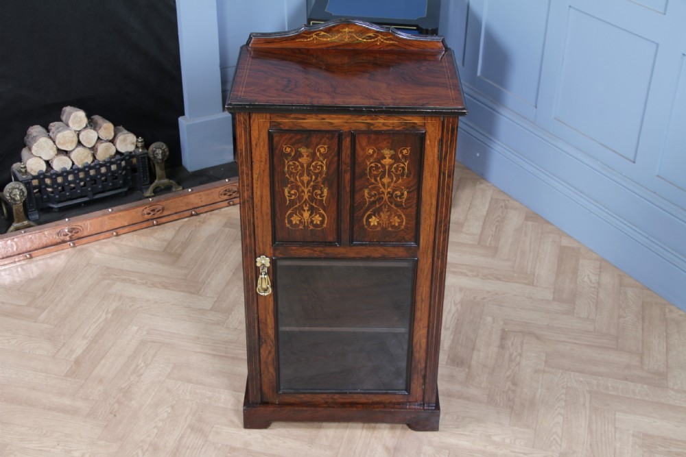 Original Antique Edwardian Rosewood Inlaid Glazed Music Sheet Cabinet C1890 View III