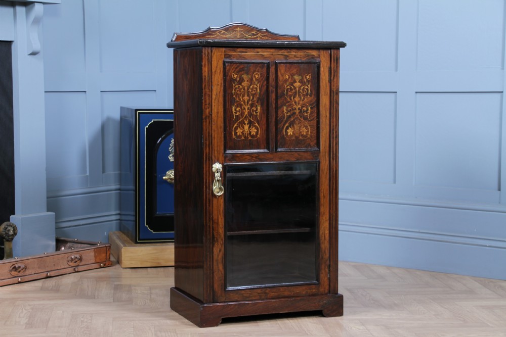 Original Antique Edwardian Rosewood Inlaid Glazed Music Sheet Cabinet C1890 View V