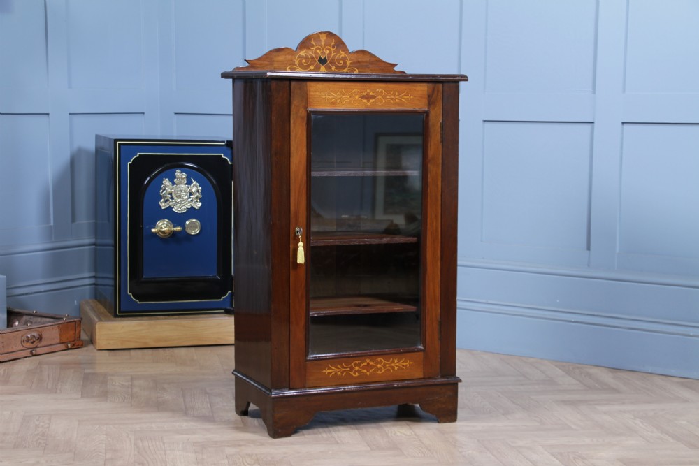 Original Antique Edwardian Walnut Inlaid Glazed Music Sheet Cabinet 1890 View IV