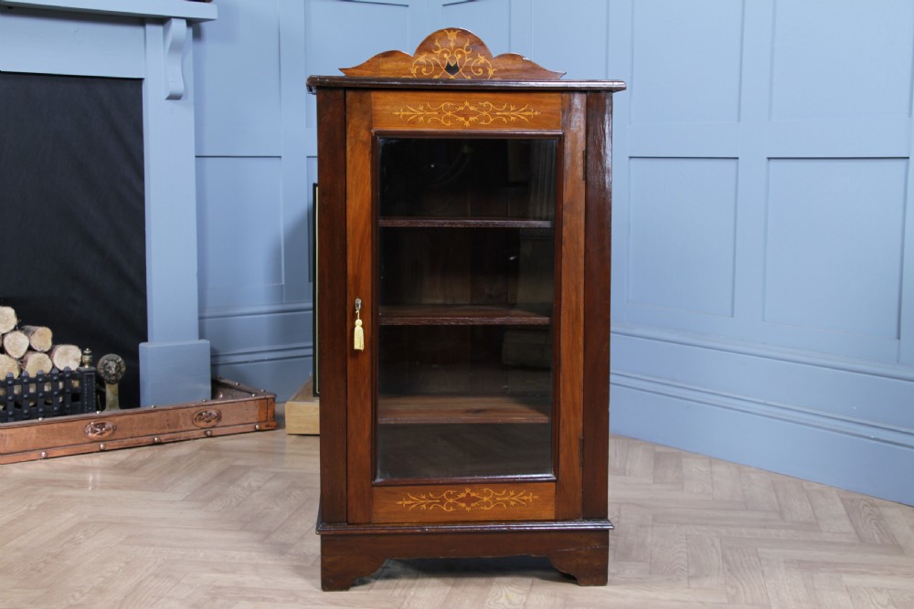Original Antique Edwardian Walnut Inlaid Glazed Music Sheet Cabinet 1890 View IX