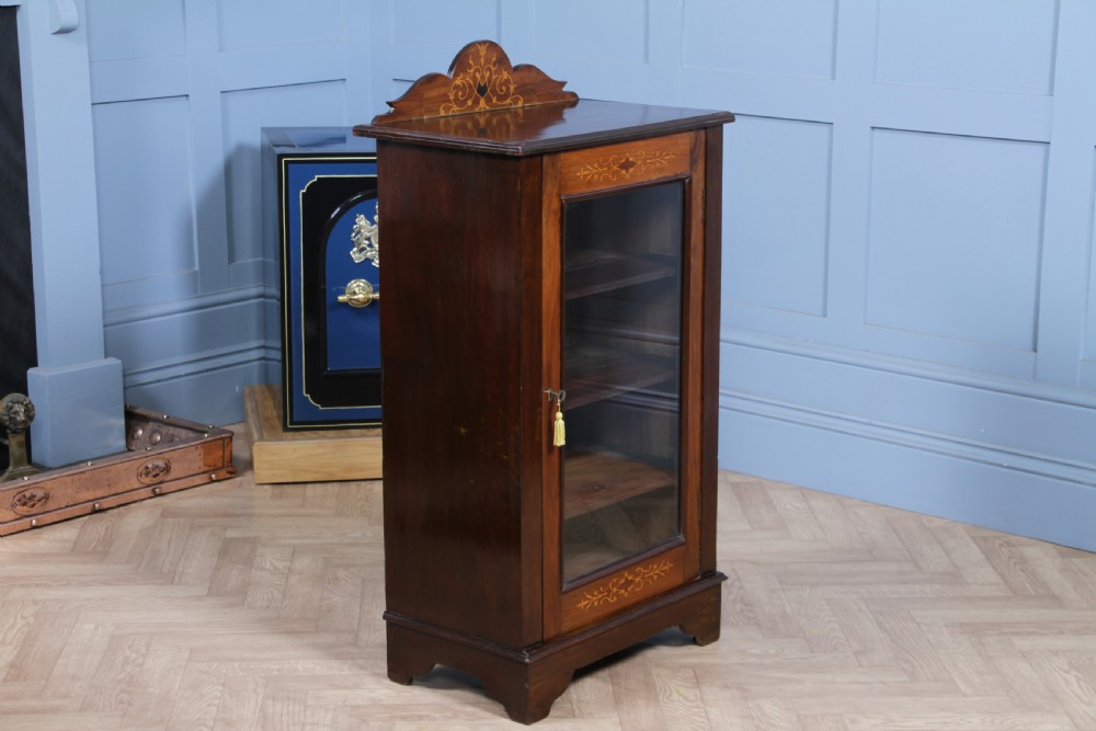 Original Antique Edwardian Walnut Inlaid Glazed Music Sheet Cabinet 1890 View XI