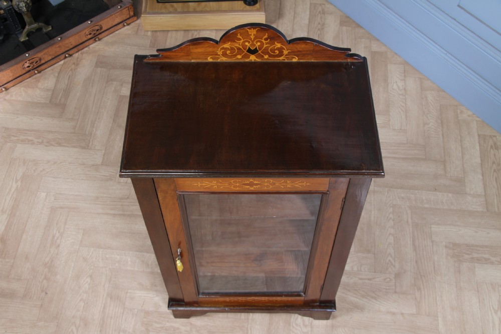 Original Antique Edwardian Walnut Inlaid Glazed Music Sheet Cabinet 1890 View XV