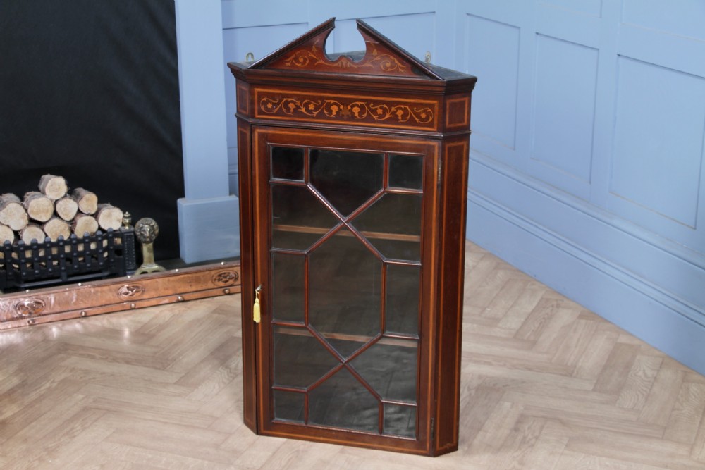 Antique Edwardian Astral Glazed Mahogany Inlaid Corner Wall Hanging Cabinet 1890