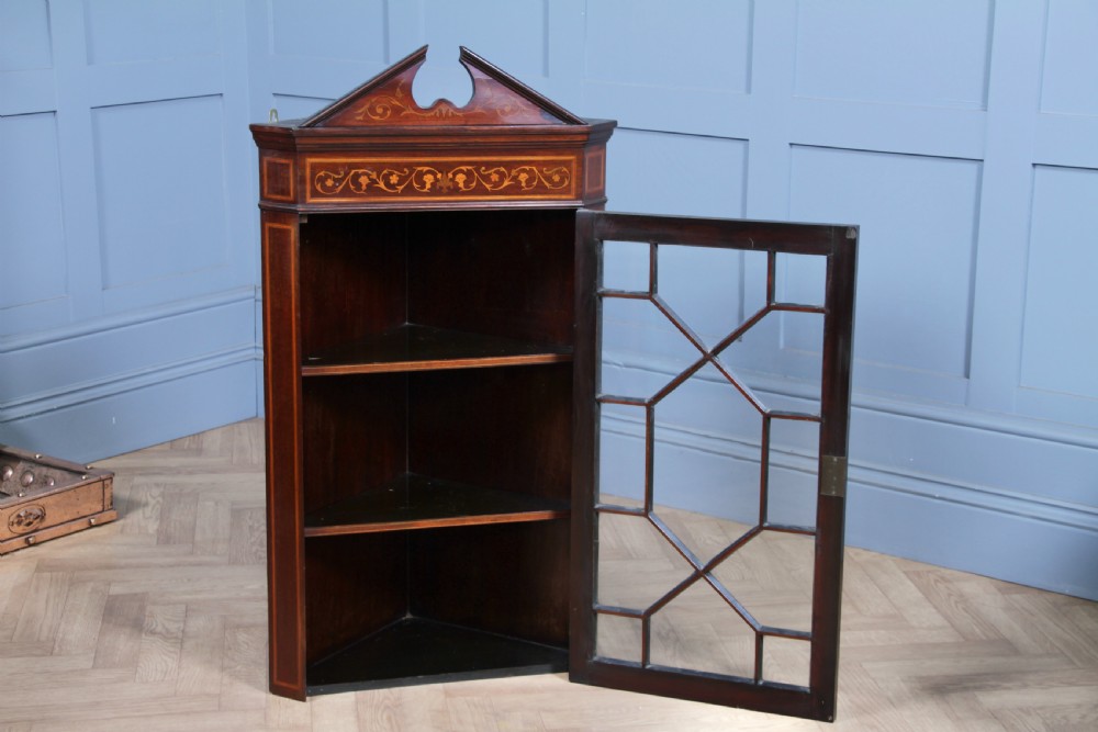 Antique Edwardian Astral Glazed Mahogany Inlaid Corner Wall Hanging Cabinet 1890 View II