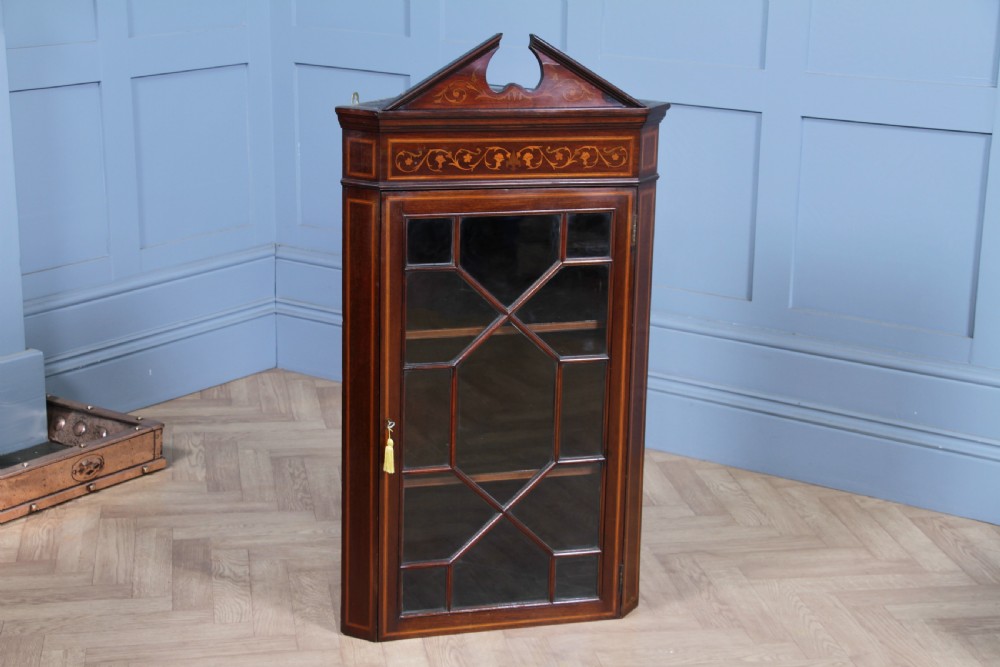 Antique Edwardian Astral Glazed Mahogany Inlaid Corner Wall Hanging Cabinet 1890 View III