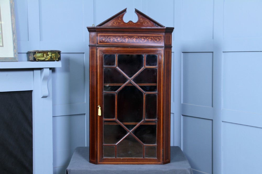 Antique Edwardian Astral Glazed Mahogany Inlaid Corner Wall Hanging Cabinet 1890 View IV