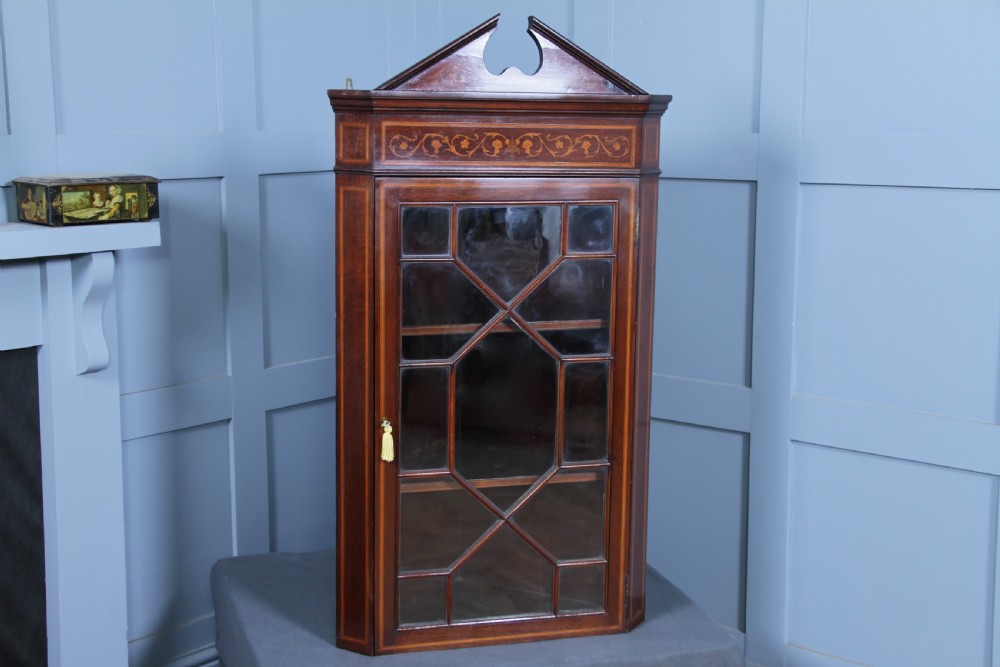 Antique Edwardian Astral Glazed Mahogany Inlaid Corner Wall Hanging Cabinet 1890 View V