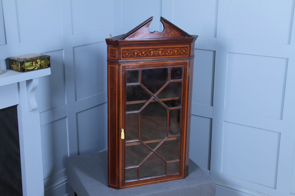 Antique Edwardian Astral Glazed Mahogany Inlaid Corner Wall Hanging Cabinet 1890 View VI