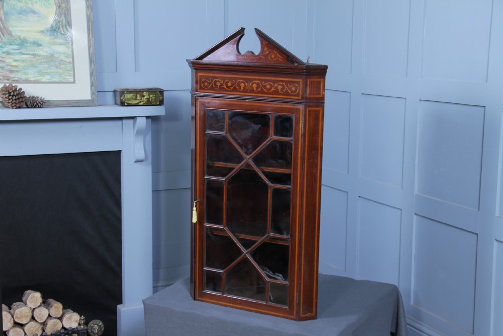 Antique Edwardian Astral Glazed Mahogany Inlaid Corner Wall Hanging Cabinet 1890 View VII
