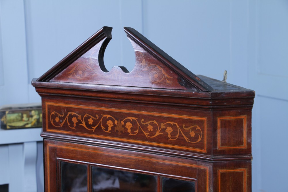 Antique Edwardian Astral Glazed Mahogany Inlaid Corner Wall Hanging Cabinet 1890 View VIII