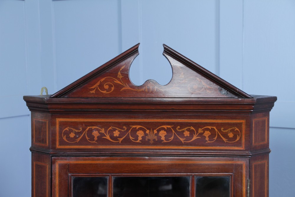 Antique Edwardian Astral Glazed Mahogany Inlaid Corner Wall Hanging Cabinet 1890 View IX