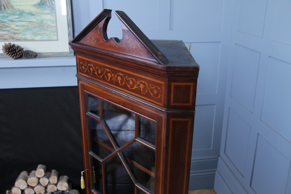 Antique Edwardian Astral Glazed Mahogany Inlaid Corner Wall Hanging Cabinet 1890 View X