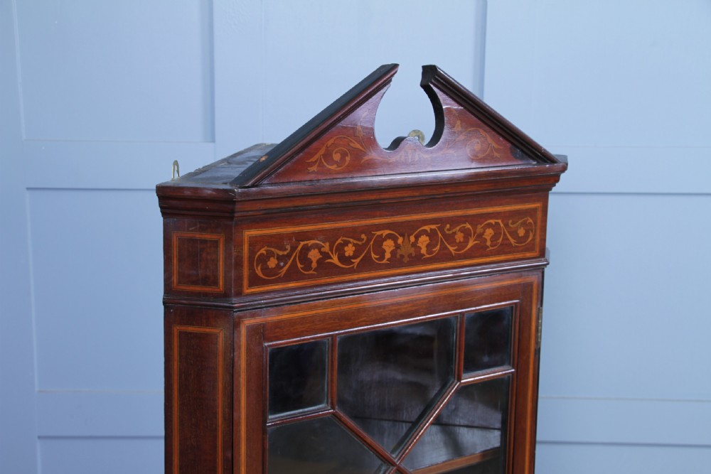 Antique Edwardian Astral Glazed Mahogany Inlaid Corner Wall Hanging Cabinet 1890 View XI