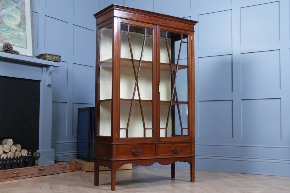 Antique Edwardian Sheraton Revival Inlaid Mahogany Glazed Display China Cabinet