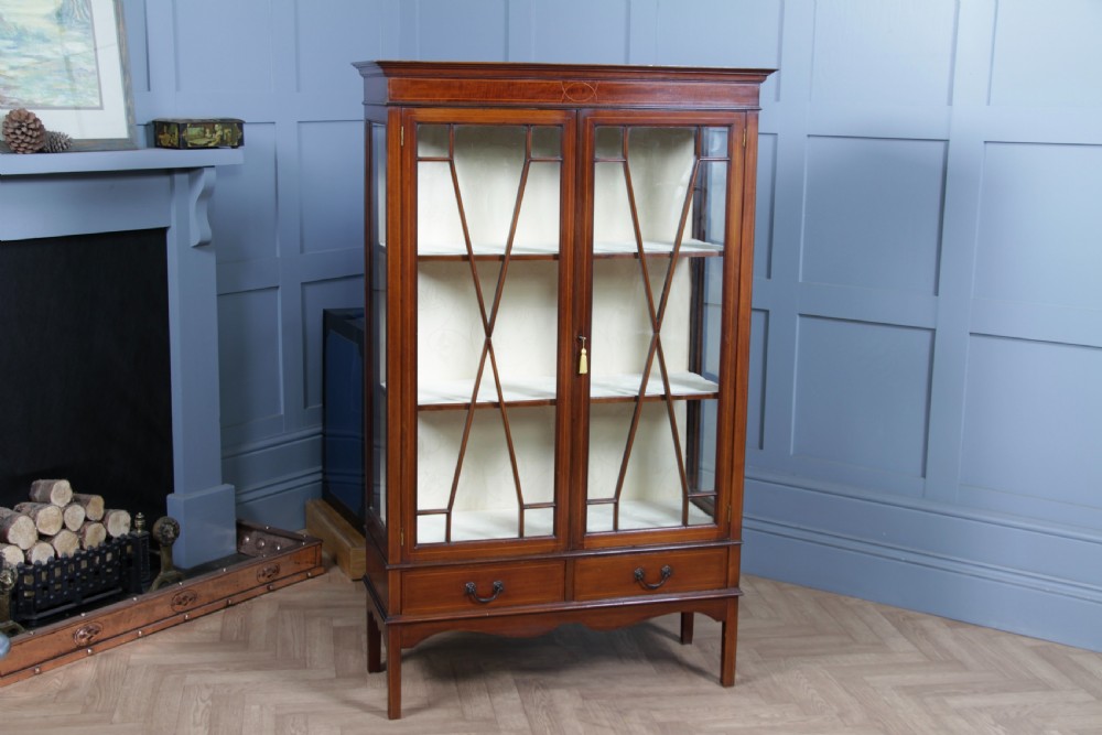 Antique Edwardian Sheraton Revival Inlaid Mahogany Glazed Display China Cabinet View II