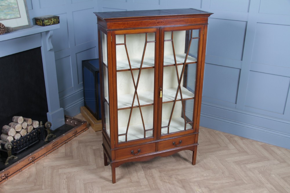 Antique Edwardian Sheraton Revival Inlaid Mahogany Glazed Display China Cabinet View V