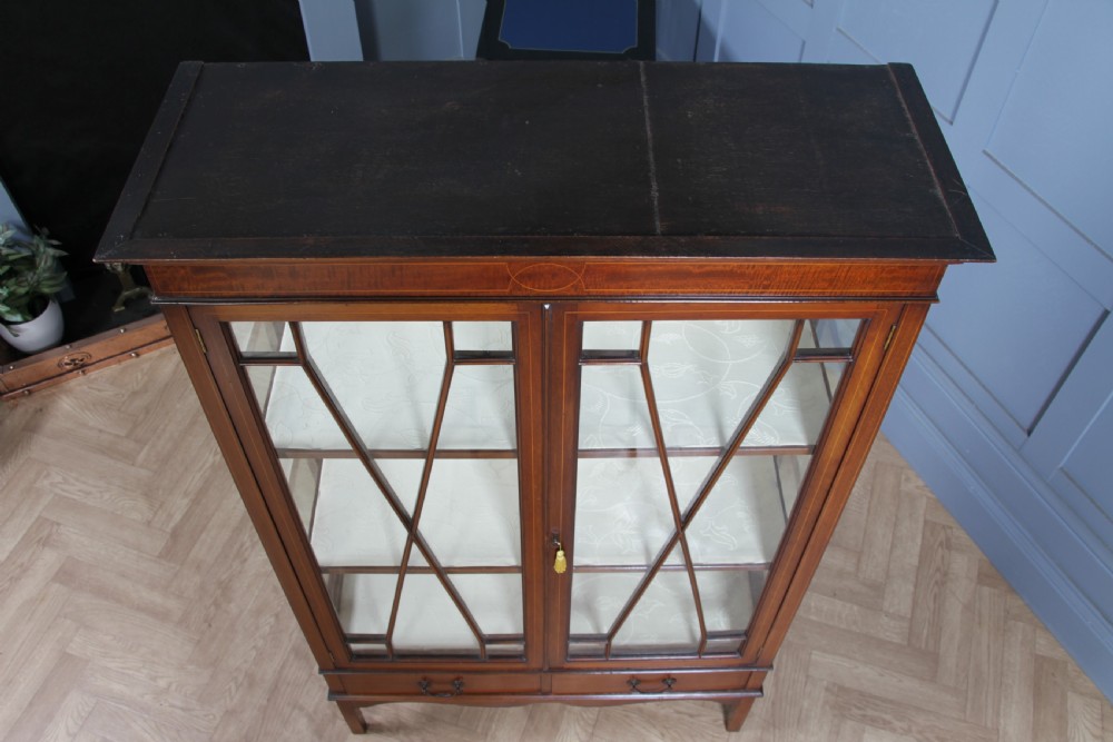 Antique Edwardian Sheraton Revival Inlaid Mahogany Glazed Display China Cabinet View VII