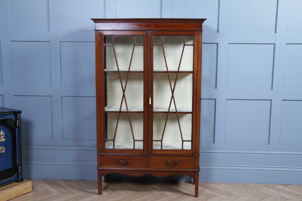 Antique Edwardian Sheraton Revival Inlaid Mahogany Glazed Display China Cabinet View VIII