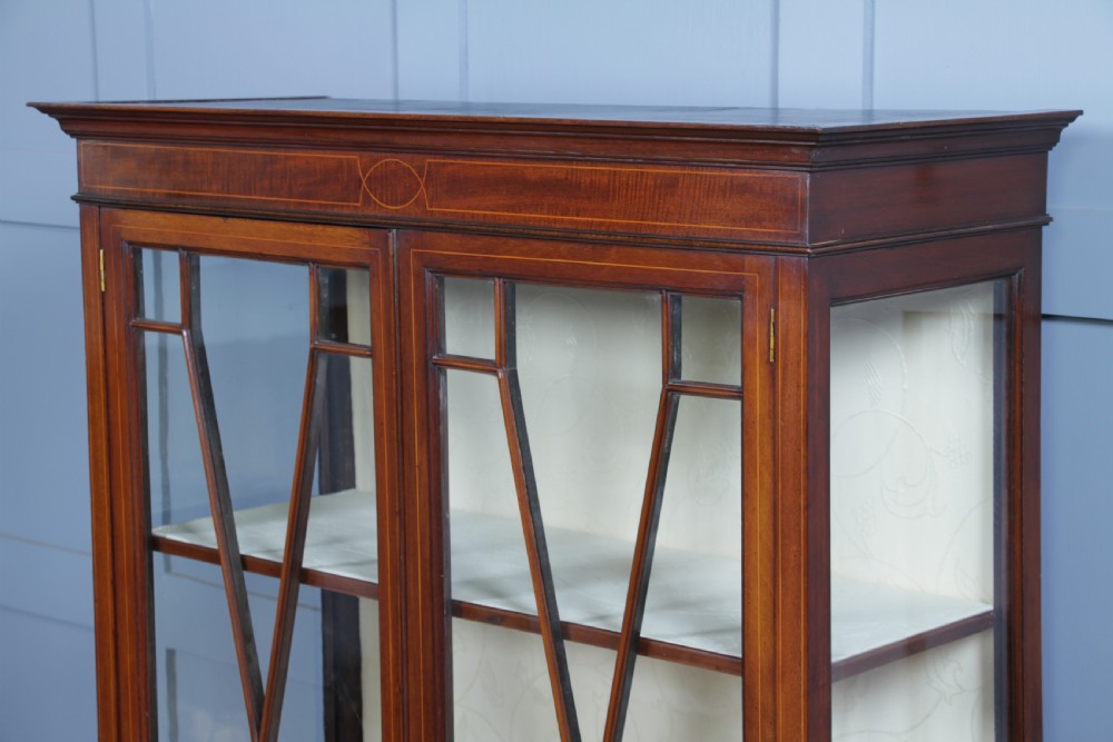 Antique Edwardian Sheraton Revival Inlaid Mahogany Glazed Display China Cabinet View XI
