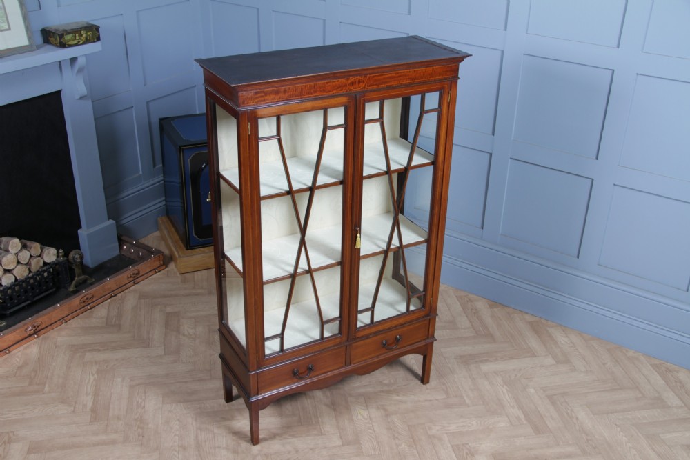 Antique Edwardian Sheraton Revival Inlaid Mahogany Glazed Display China Cabinet View XIII