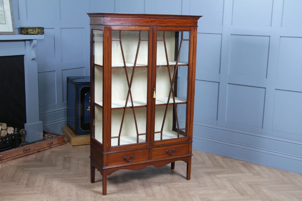 Antique Edwardian Sheraton Revival Inlaid Mahogany Glazed Display China Cabinet View XIV