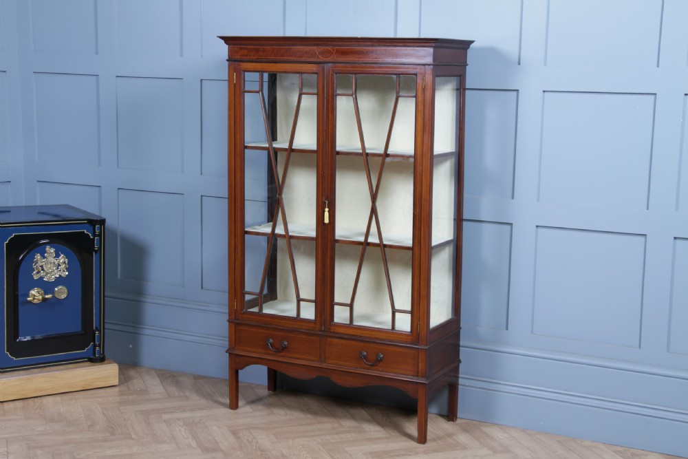 Antique Edwardian Sheraton Revival Inlaid Mahogany Glazed Display China Cabinet View XVII