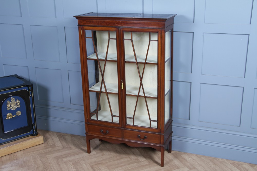Antique Edwardian Sheraton Revival Inlaid Mahogany Glazed Display China Cabinet View XVIII