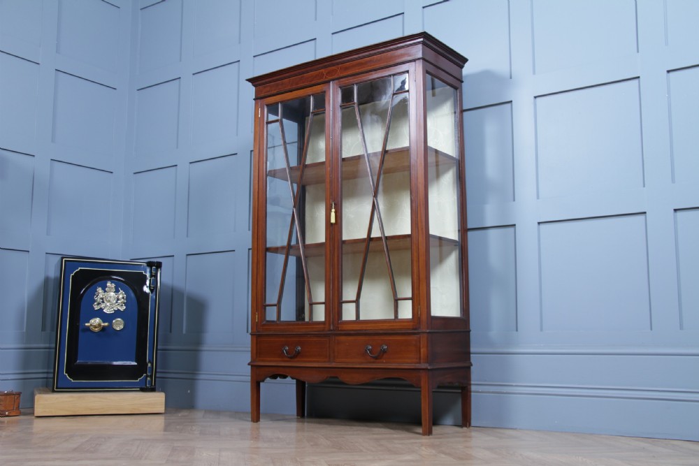Antique Edwardian Sheraton Revival Inlaid Mahogany Glazed Display China Cabinet View XIX