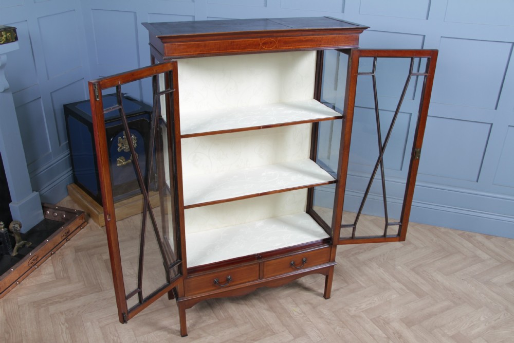 Antique Edwardian Sheraton Revival Inlaid Mahogany Glazed Display China Cabinet View XX