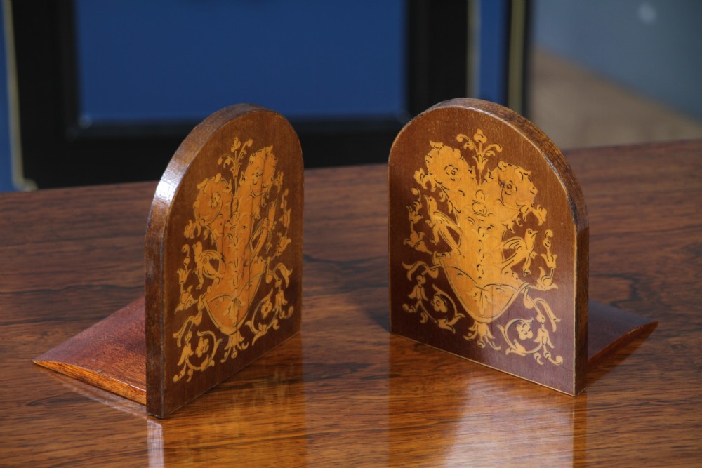 Pair of Antique Edwardian Mahogany Inlaid Boxwood & Satinwood Marquetry Bookends
