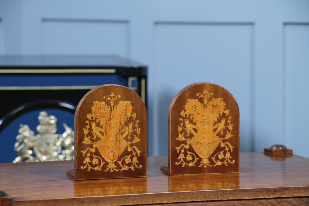 Pair of Antique Edwardian Mahogany Inlaid Boxwood & Satinwood Marquetry Bookends View III
