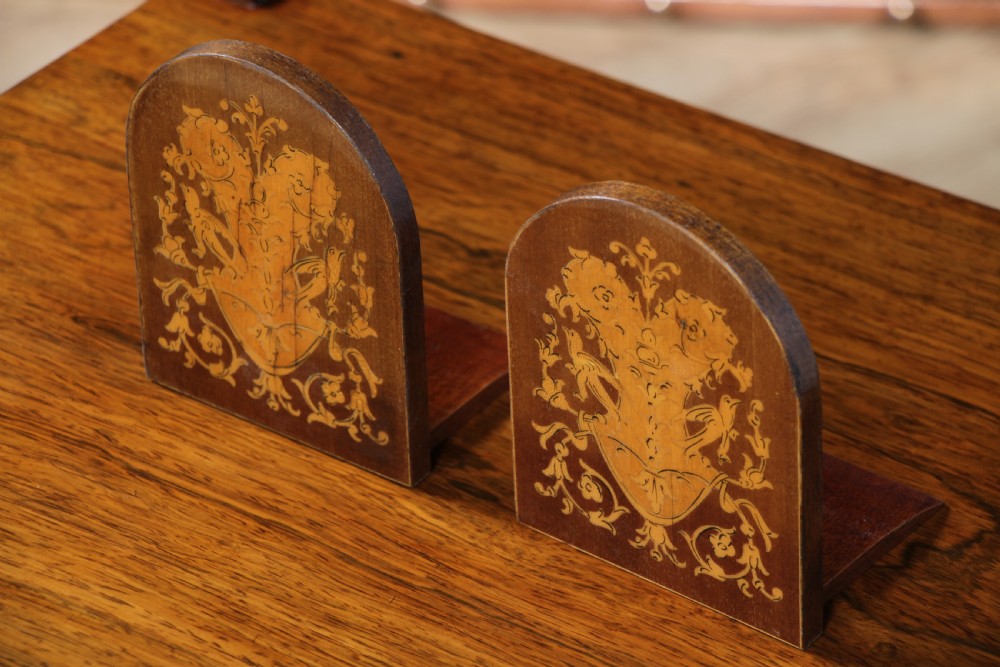 Pair of Antique Edwardian Mahogany Inlaid Boxwood & Satinwood Marquetry Bookends View V