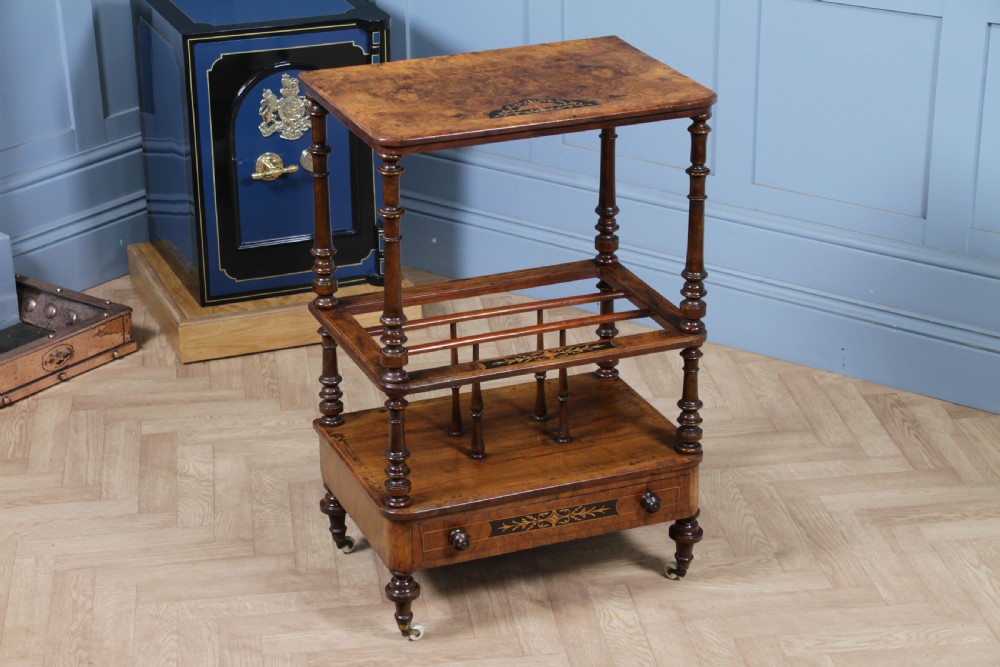 Antique Victorian Burr Walnut Ebony Inlaid Canterbury Whatnot With Drawer