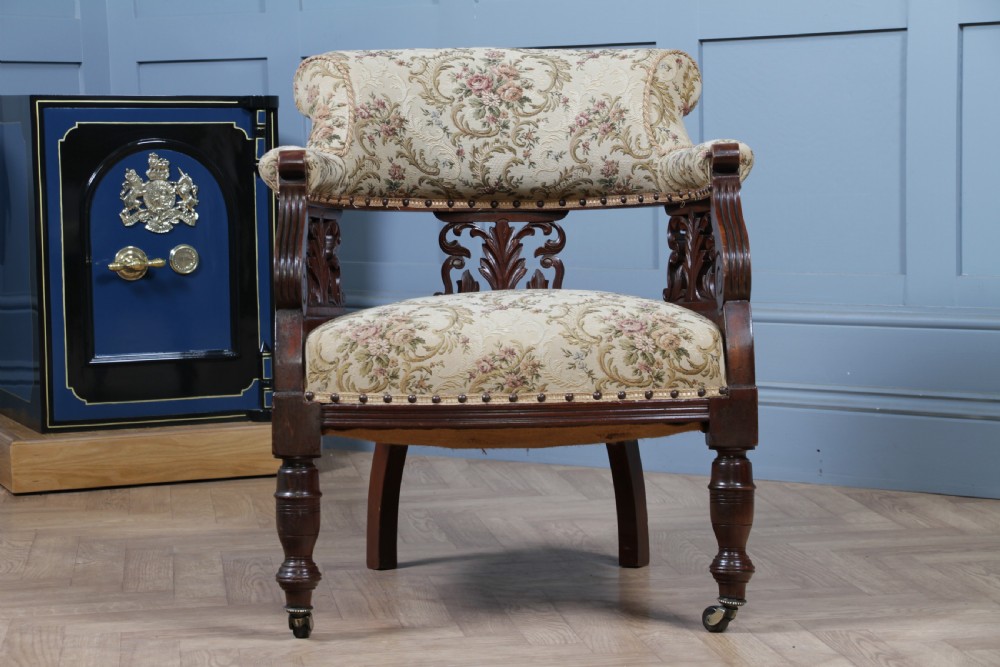 Antique Original Edwardian Carved Walnut Upholstered Fireside Tub Chair View III