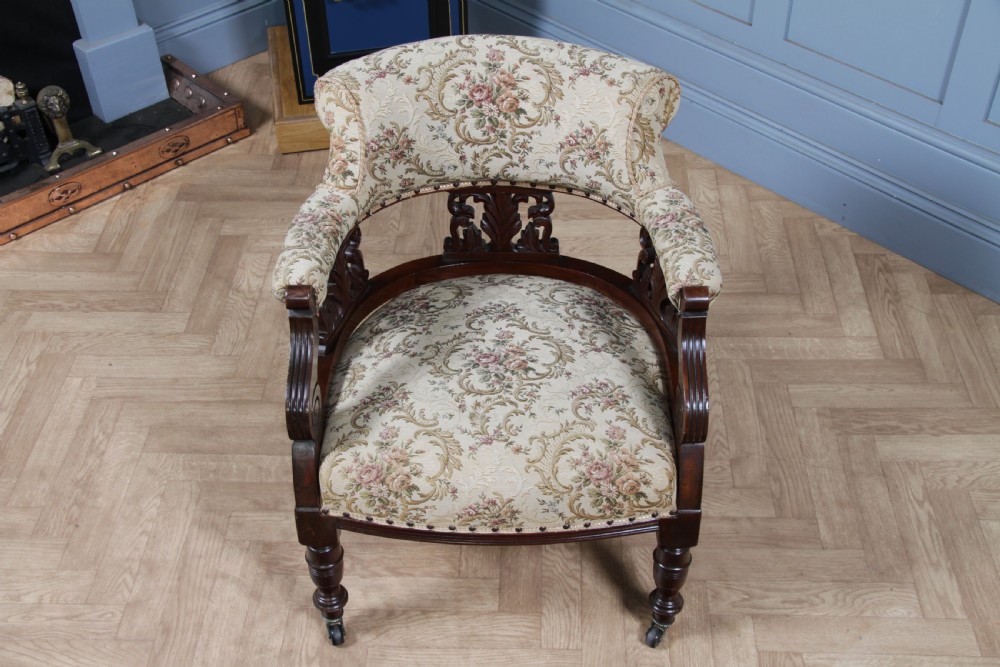 Antique Original Edwardian Carved Walnut Upholstered Fireside Tub Chair View IV