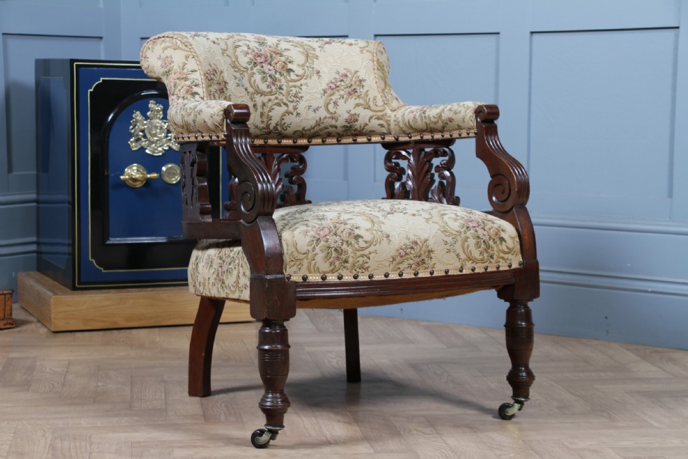 Antique Original Edwardian Carved Walnut Upholstered Fireside Tub Chair View V