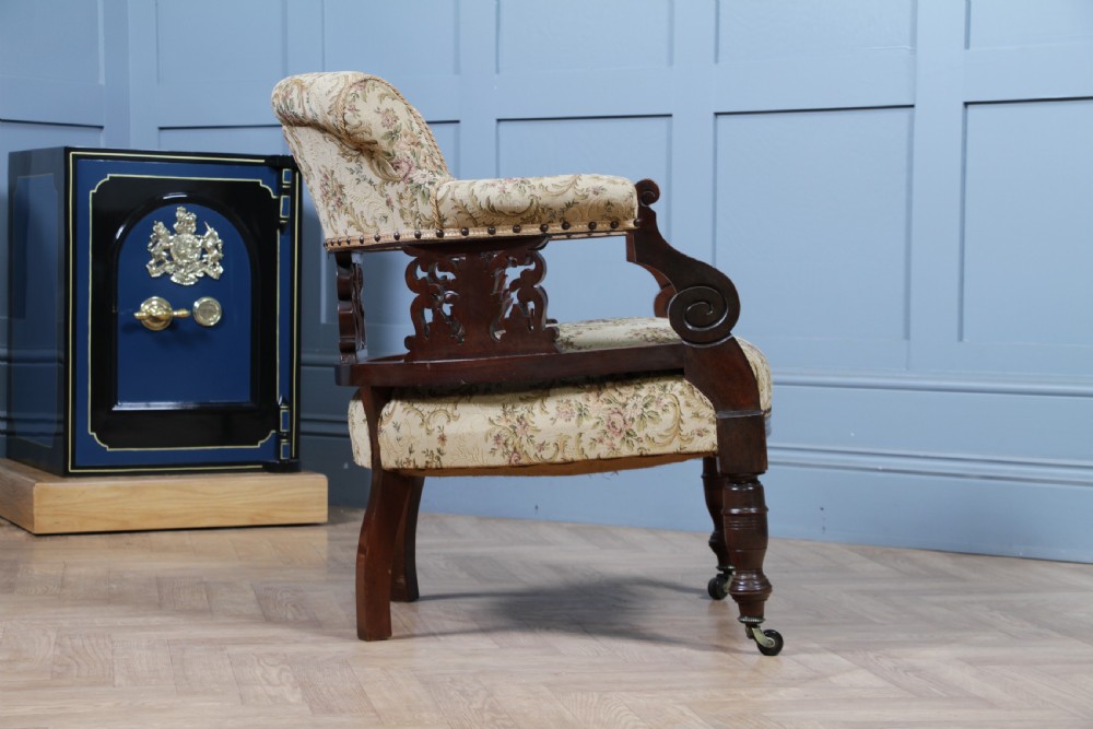 Antique Original Edwardian Carved Walnut Upholstered Fireside Tub Chair View VI